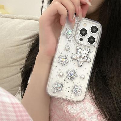 Sequin Silver Foil Epoxy Mobile Phone Case For Iphone17Promax Pearl Apple 14 Rhinestones 16 Stars Transparent