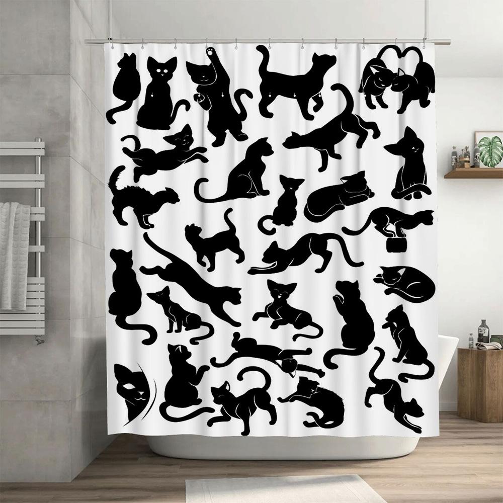 Black White Cat Shower Curtain: Modern Bath Decor Black Cats Pattern, Polyester Fabric Waterproof Shower Curtains for Home Bathr