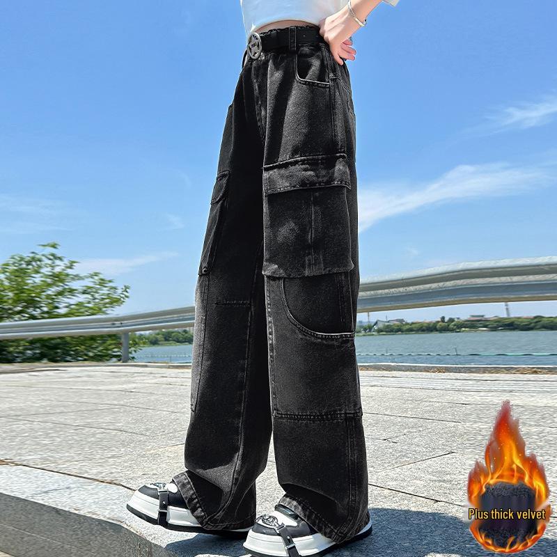 Dívčí zimní 2025 cargo džíny s fleecovou podšívkou