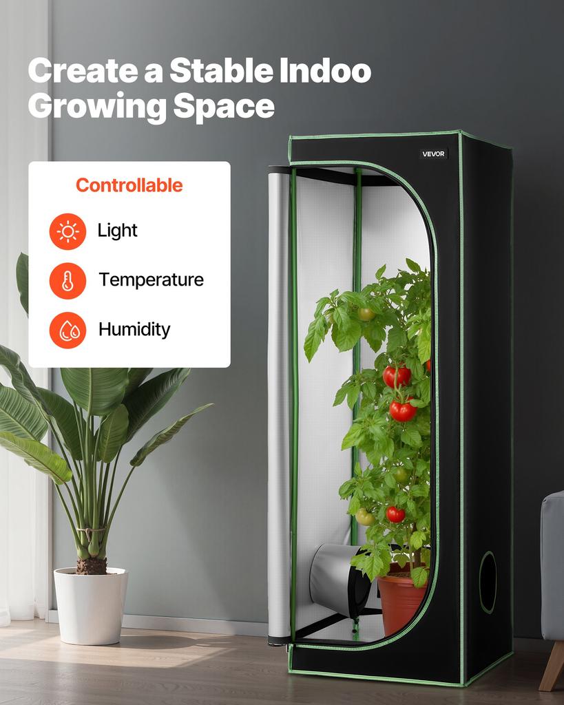 VEVOR Indoor Grow Tent, 60 x 60 x 180 cm, 600D High Reflective Mylar, Indoor Plant Tent with Observation Window, Floor Tray & Zipper