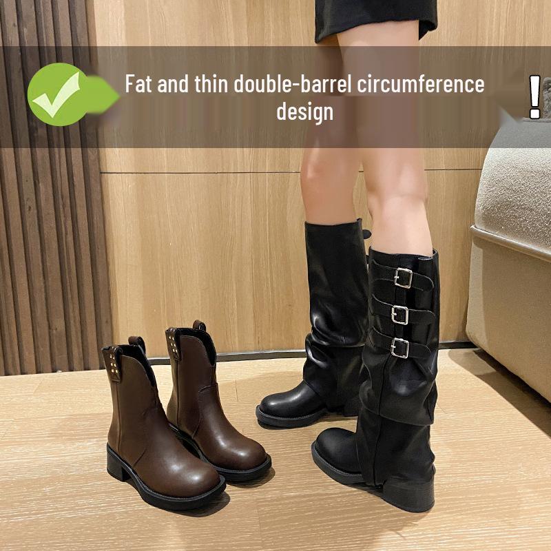 

Two-Way Detachable Leather Slouch Boots - 2024 Autumn/Winter Retro Western Knight Style 37 коричневий