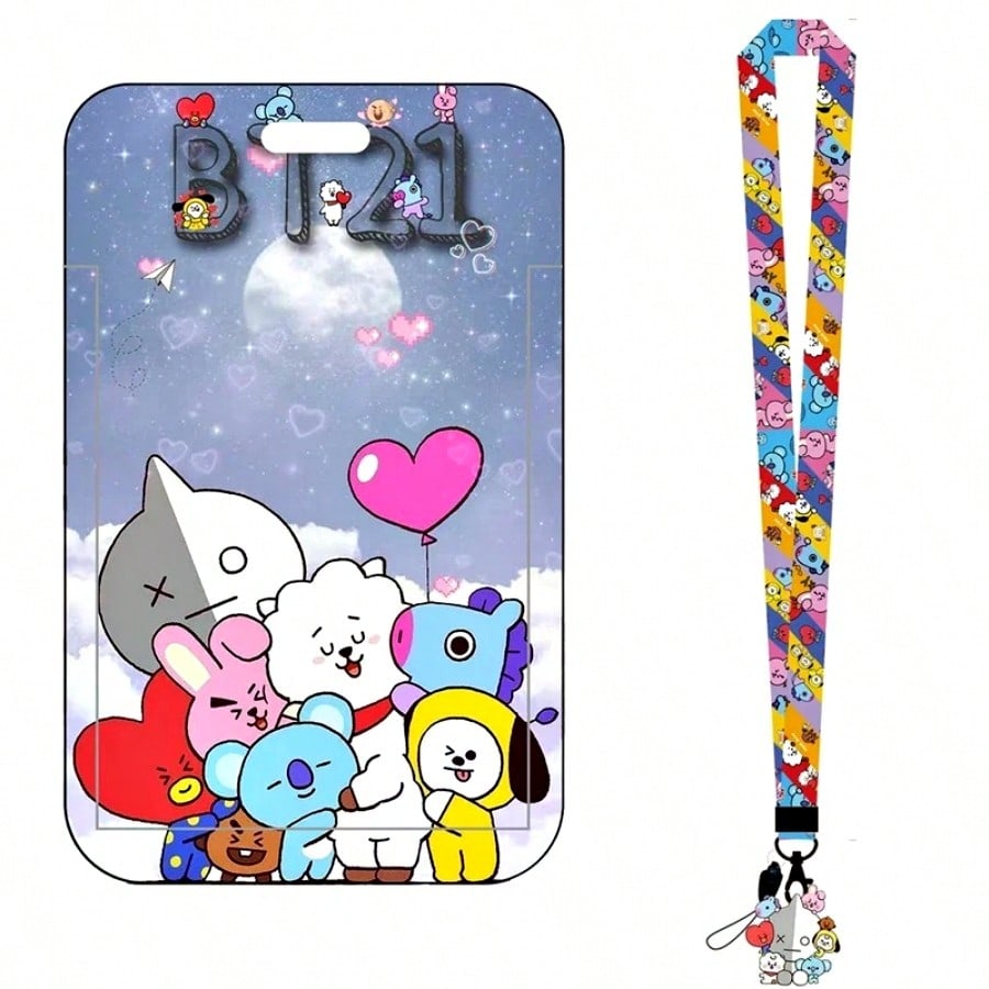 LINE FRIENDS BT21 Kpop Anime Cartoon Lanyard Key Ring with ABS Card Holder for Meal Cards Transit Cards and ID Cards