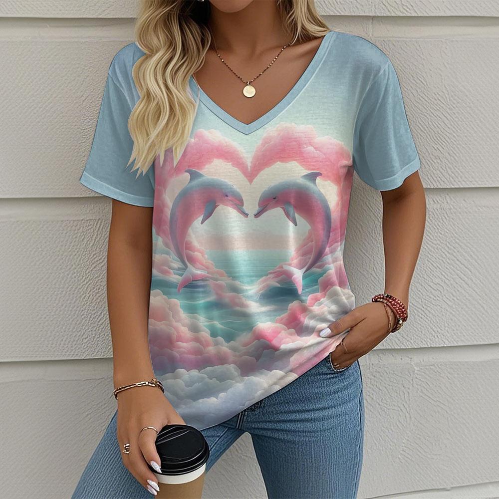 Women's T-Shirt Oversized Retro Printed Short-Sleeved V-Neck Fashion Casual Top Street Breathable Summer Women's Clothing