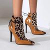Snake Print Mixed Color Ankle Boots Women's Autumn Winter Short Boots Stiletto Heel Pointed Toe Lace UpLeather Boots