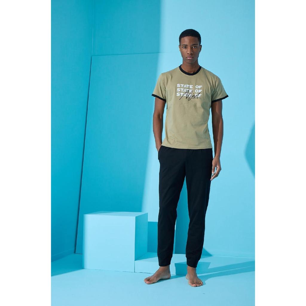 Khaki State bedrucktes, kurzärmliges Herren-Pyjama-Set mit Bündchen