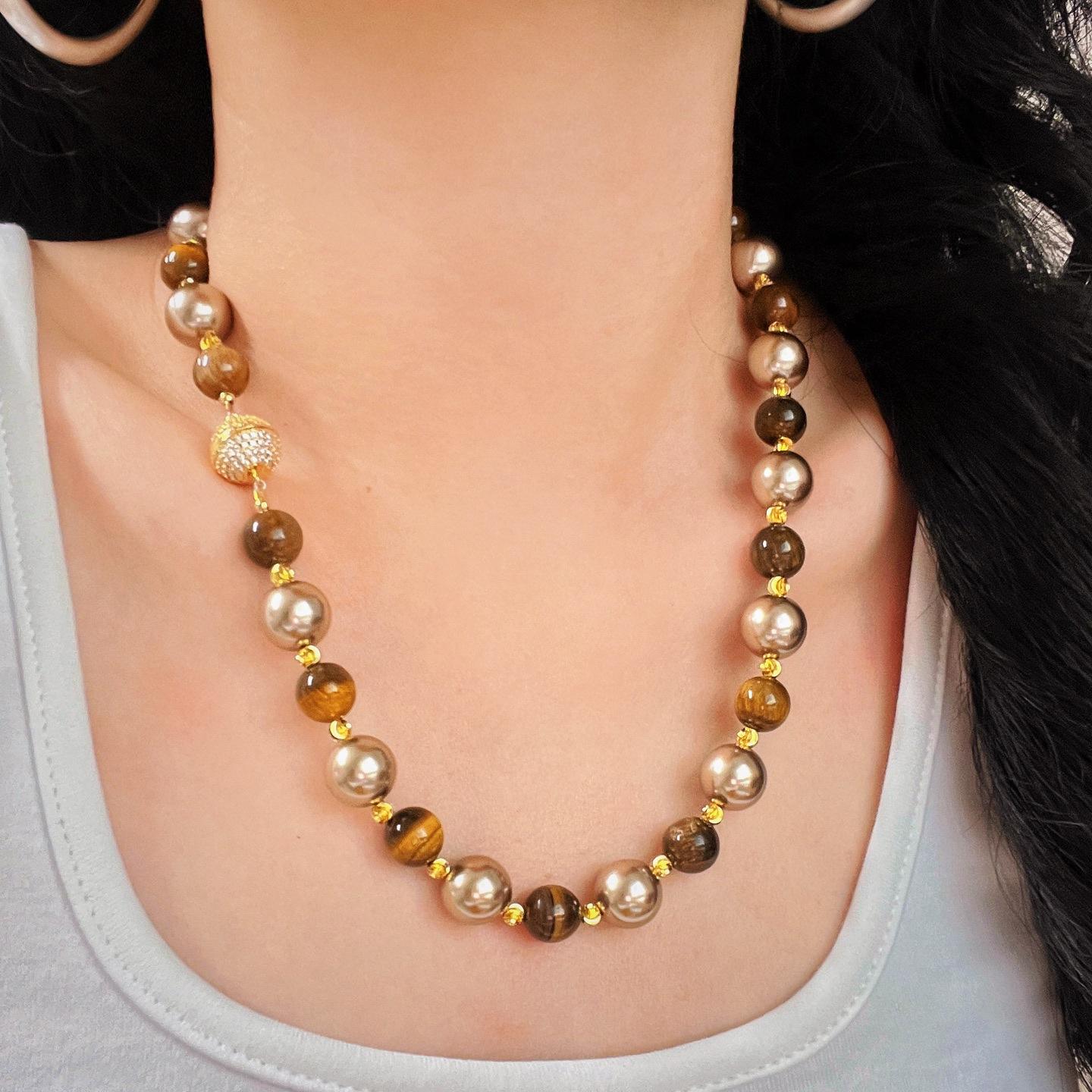 10Mm Maillard Vintage High Quality Natural Tiger S Eye Stone Faux Pearl Clavicle Chain Necklace Sweater Chain