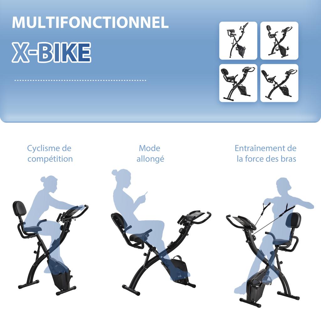 Folding Exercise Bike, 4-in-1, Magnetic, Resistance Bands, LCD, 120 kg, Black
