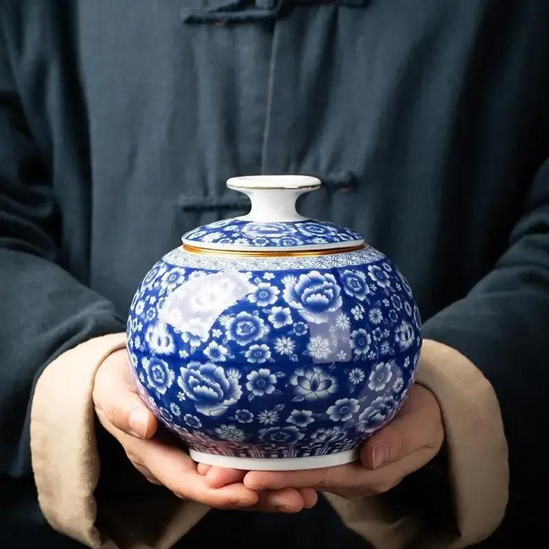 Blau-weiße Porzellan-Teedose Keramik-Teekisten-Organizer Aufbewahrungsgläser Schreibtischdekoration Teekanne Kaffeebehälter Teedose