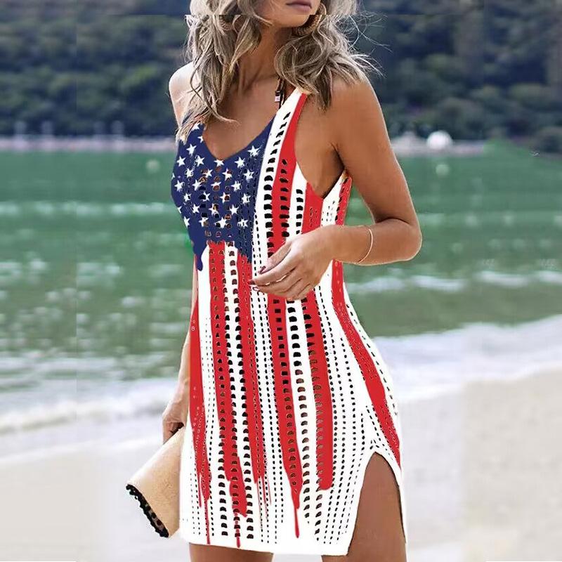 Women Knit Beach Dress Bikini Cover Ups Summer Hollow Out Sleeveless Short Dresses Sexy See Through Swimwear Cover-ups