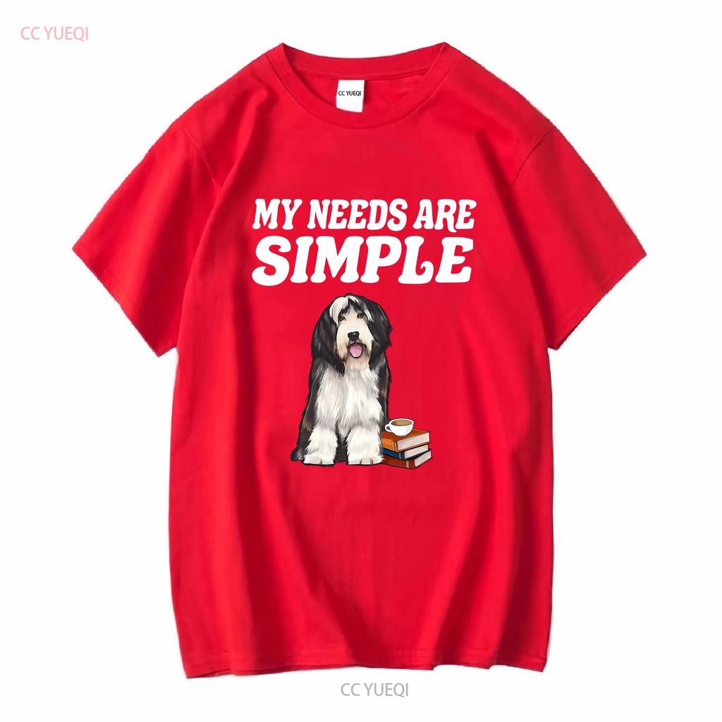 Bearded Collie T-Shirt Meine Bedürfnisse sind einfach Hund Kaffee Lesen Buch Lang- oder Kurzarm Vintage Gewaschen Dehnbar Unisex