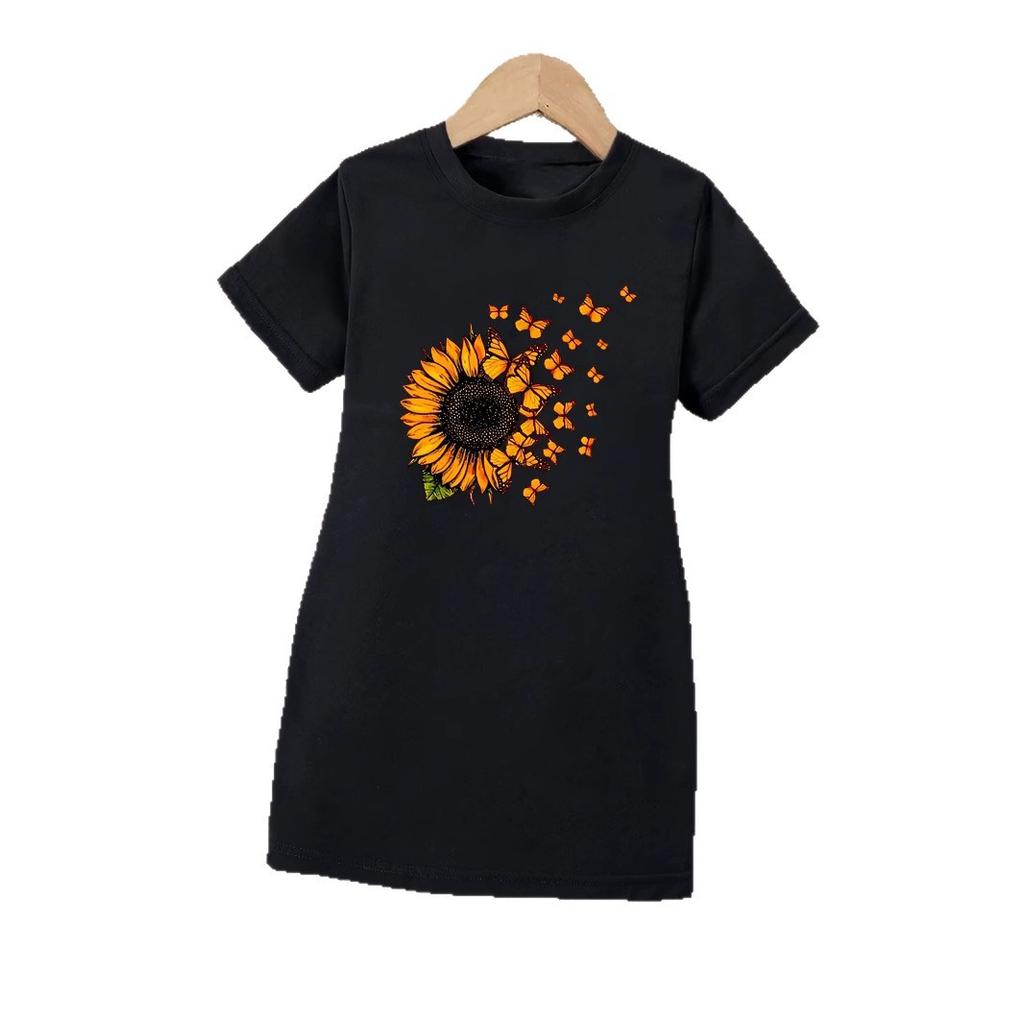 Girls' Sunflower Pattern T-Shirt Dress for Summer, Children's Casual Dress