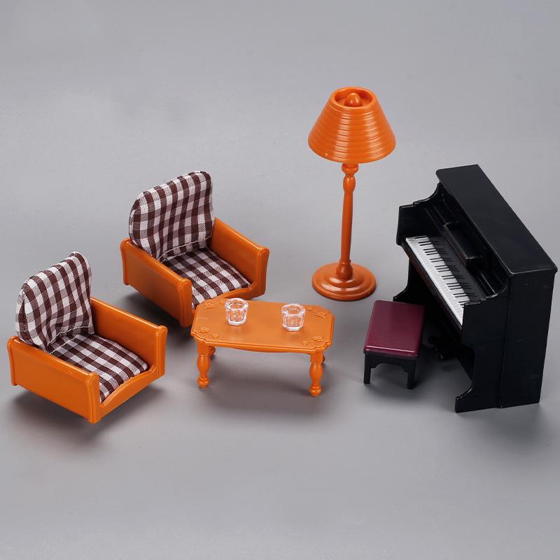 Dollhouse Miniature Toy Piano & Furnishings: 1:12 Pretend Play Model, Living Room Decoration Props.