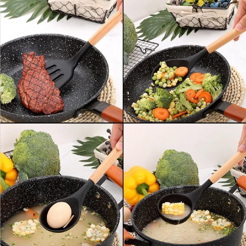 5Pcs Silicone Handle Cooking Utensils Set Non-Stick Heat Resistant Spoon Kitchen Supplies Baking Cooking Tool