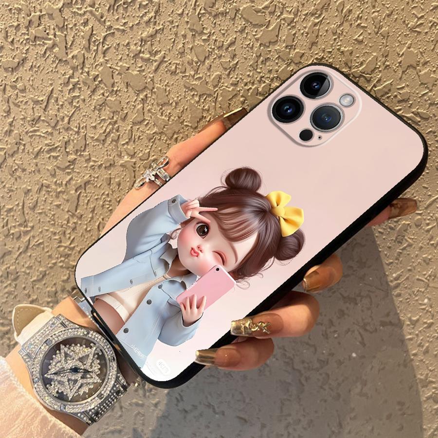 Cartoon Cute Girl Case for iPhone 7 8 15 16 14 Plus Air XS Max XR 13 12 11 17 Pro Max Black Soft Phone Cover