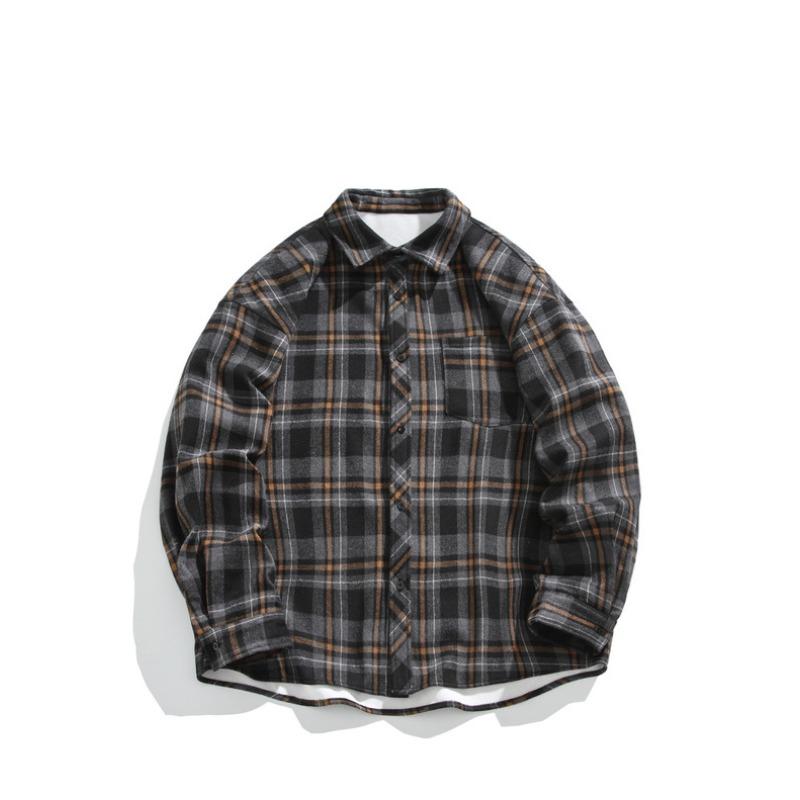 Autumn and Winter Style Plus Velvet Thickened Retro Men's Plaid Large Size Lapel Long Sleeve Shirt Jacket Men