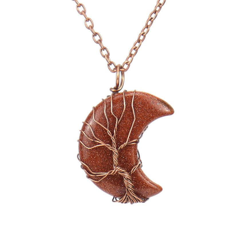 Moon Shape Design Natural Crystal Pendant Necklace With Tree Of Life Design For Women