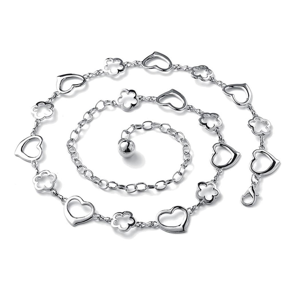 Women Metal Waist Chain, Heart & Flower Hollow Chain Belt, Adjustable Alloy Waistband with Ball Pendant for Dress Jeans