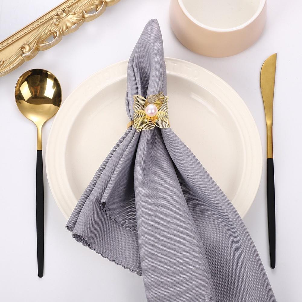 Metal napkin rings with hollow pearl flower design for elegant wedding For Party table decoration set of 6 pieces