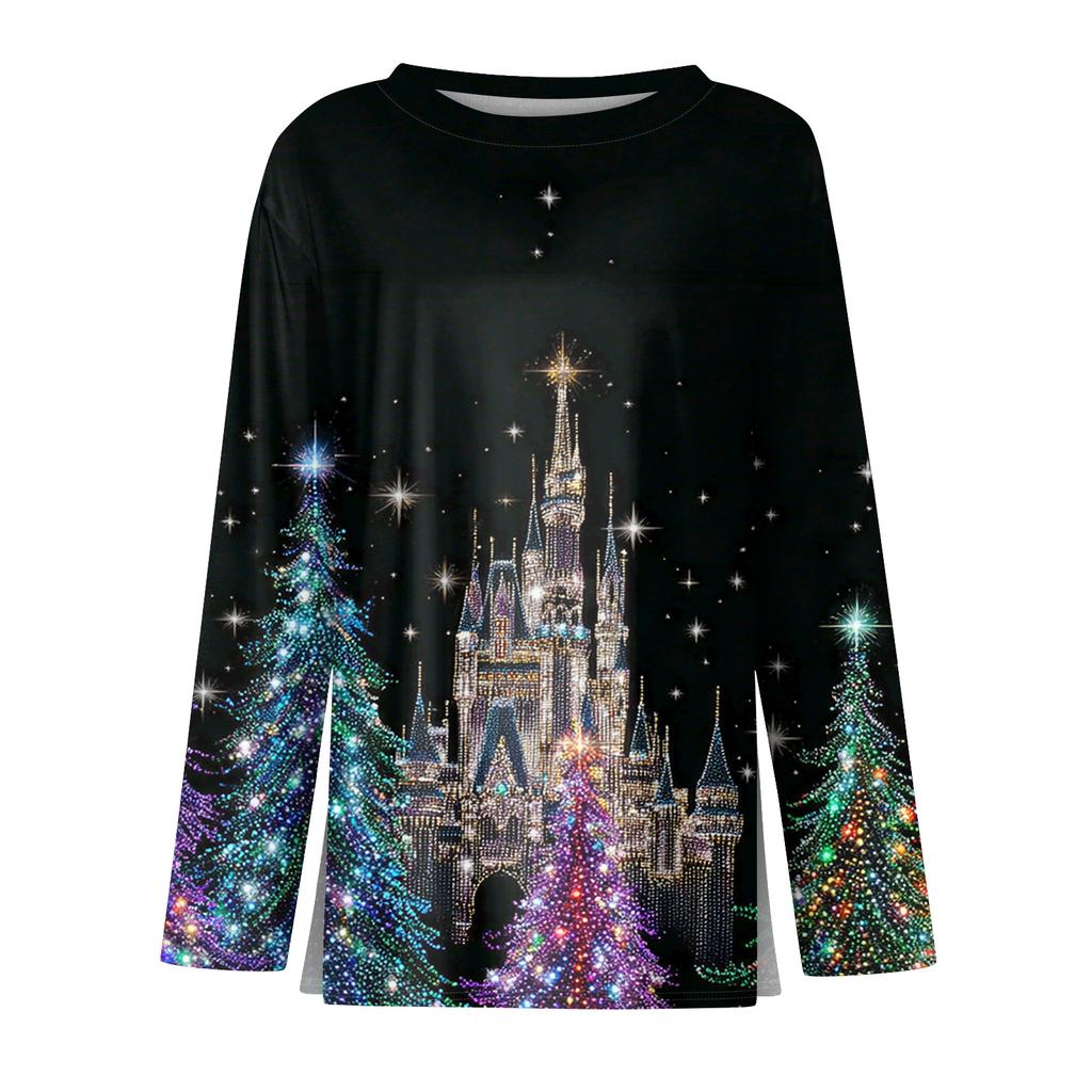 Women's Fashion Casual Slit Hem Round Neck Long Sleeve Loose Printed T-Shirt Ladies Top