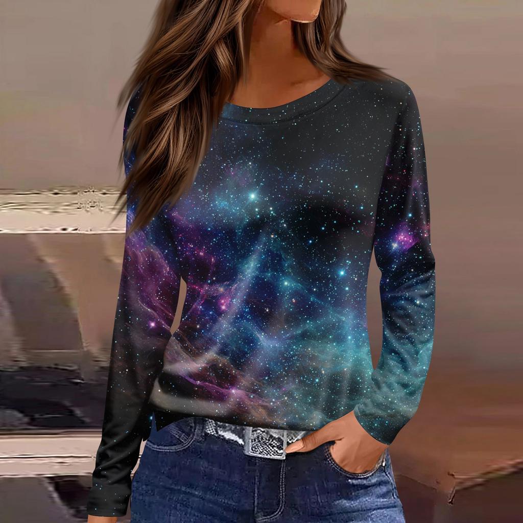 Women's Fashion Casual Slit Hem Round Neck Long Sleeve Loose Printed T,Shirt Ladies Top