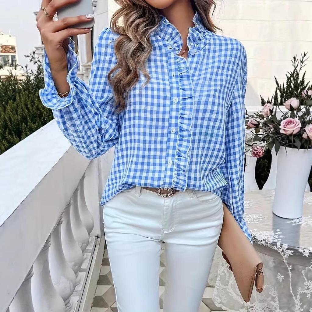 2026 Spring/Summer Women's Elegant Ruffle Plaid Long Sleeve Shirt