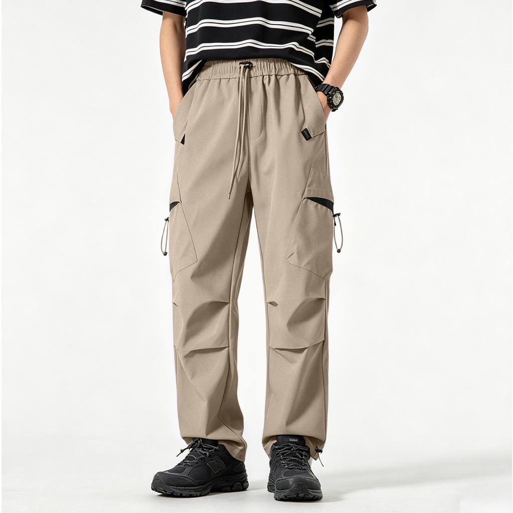 Men's Loose Fit Cargo Pants with Multi Pocket Design Drawstring Waist Straight Leg Trousers for Casual Daily Wear