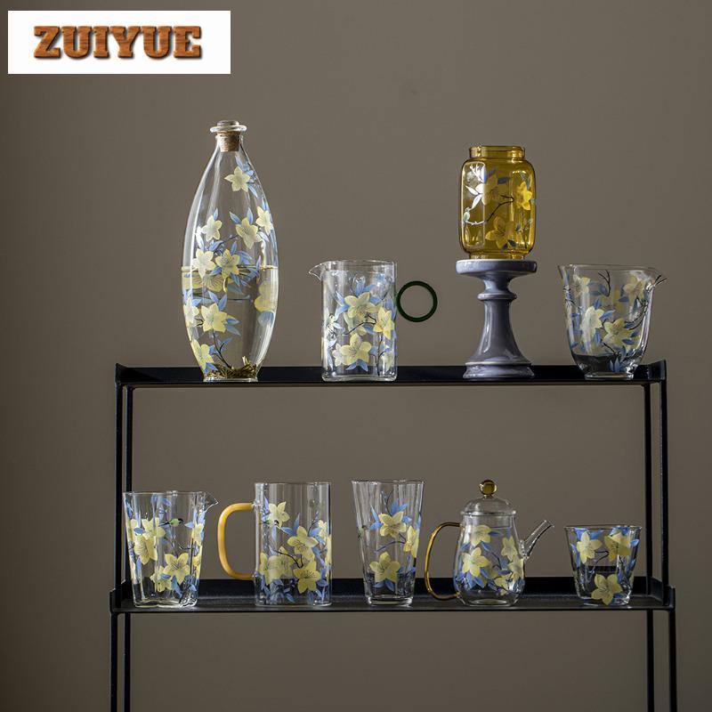 850ml Hand Painted Lily Glass Water Jug Heat-resistant Water Kettle Wine Beer Bottle Hot And Cold Water Pitcher Tea Services