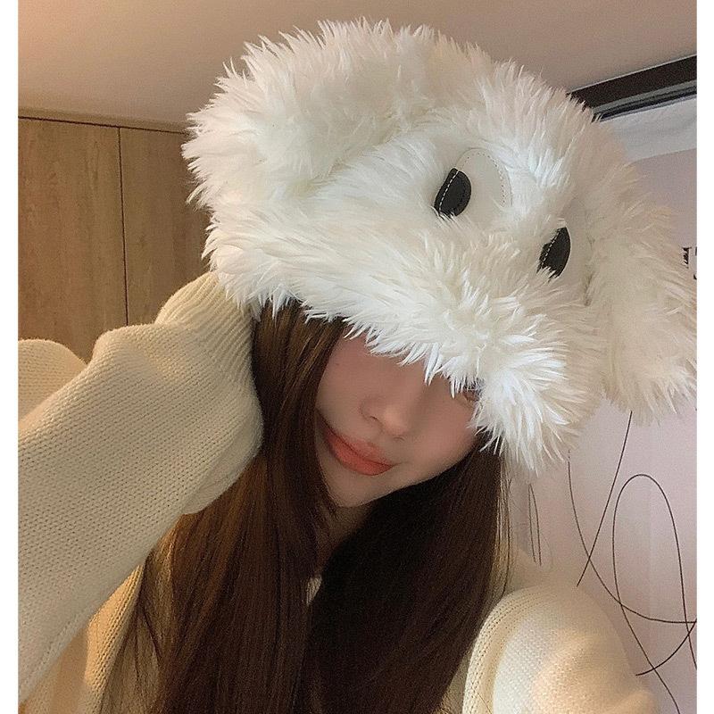 Cute Cartoon Big Eyes Puppy Hat Female Eyes Long Ears Thickened Pullover Hat Warm Plush Lei Feng Hat