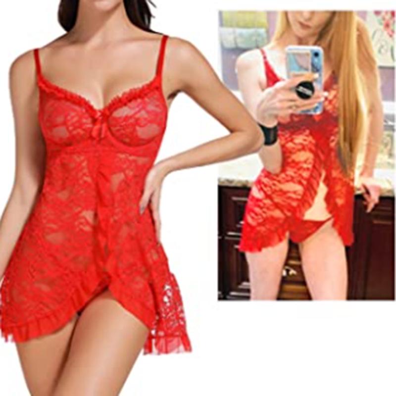 European & American Plus Size Mesh Lace Camisole & Nightgown Set for Women