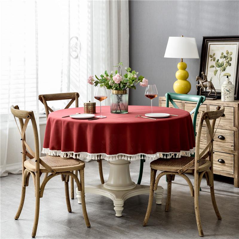 Waterproof Solid Color Imitation Cotton And Linen Fringed Lace Round Dining Table Coffee Table Tablecloth Tablecloth