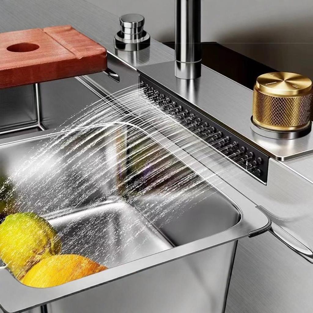 304 Stainless Steel Large Single Bowl Waterfall Kitchen Faucet & Sink for Vegetable & Dishwashing