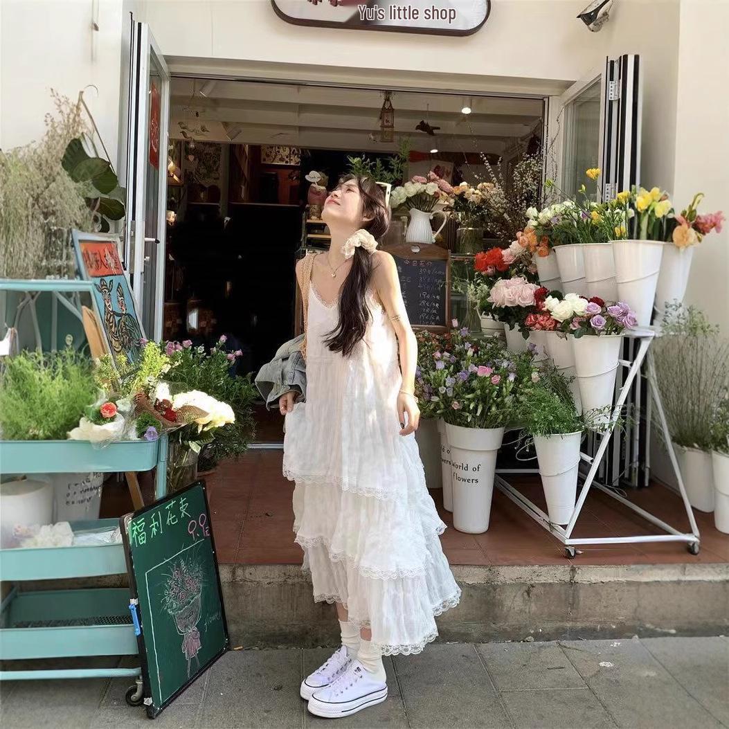 

Women s Slimming Lace Spaghetti Strap Long White Summer Dress for Beach Vacations Small білий