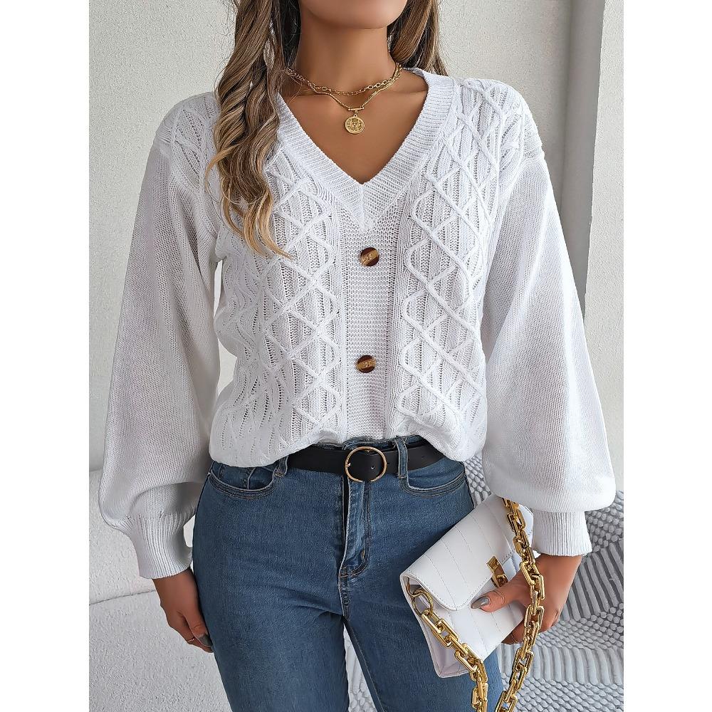 Autumn and Winter Casual Button Twist Lantern Sleeve Pullover Sweater