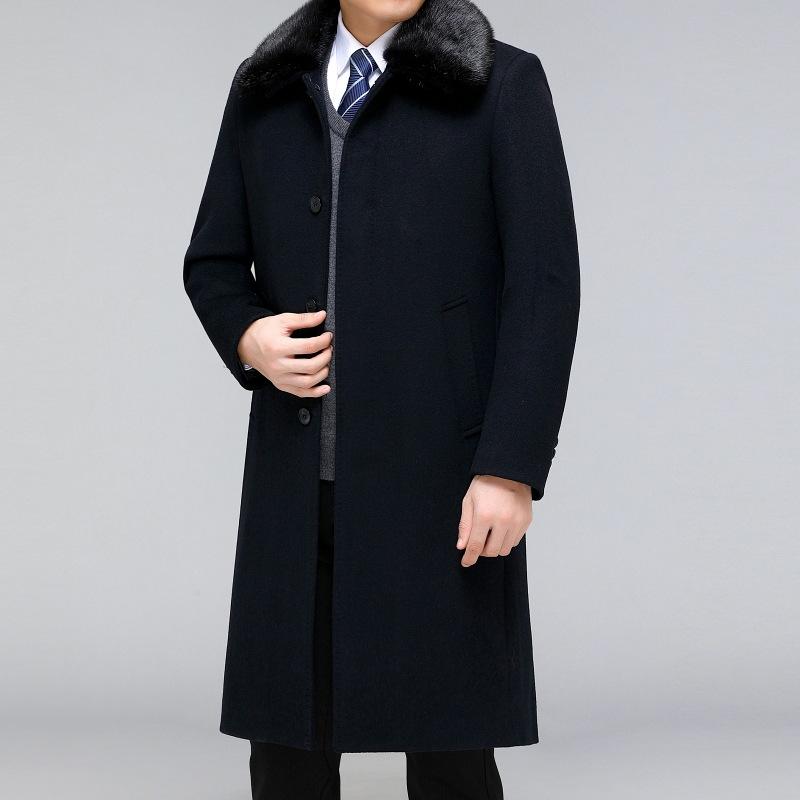 

Высококачественный меховой воротник, зимнее утолщенное пальто из шерсти среднего возраста, длинное мужское пальто из кашемира и шерсти выше колена 200