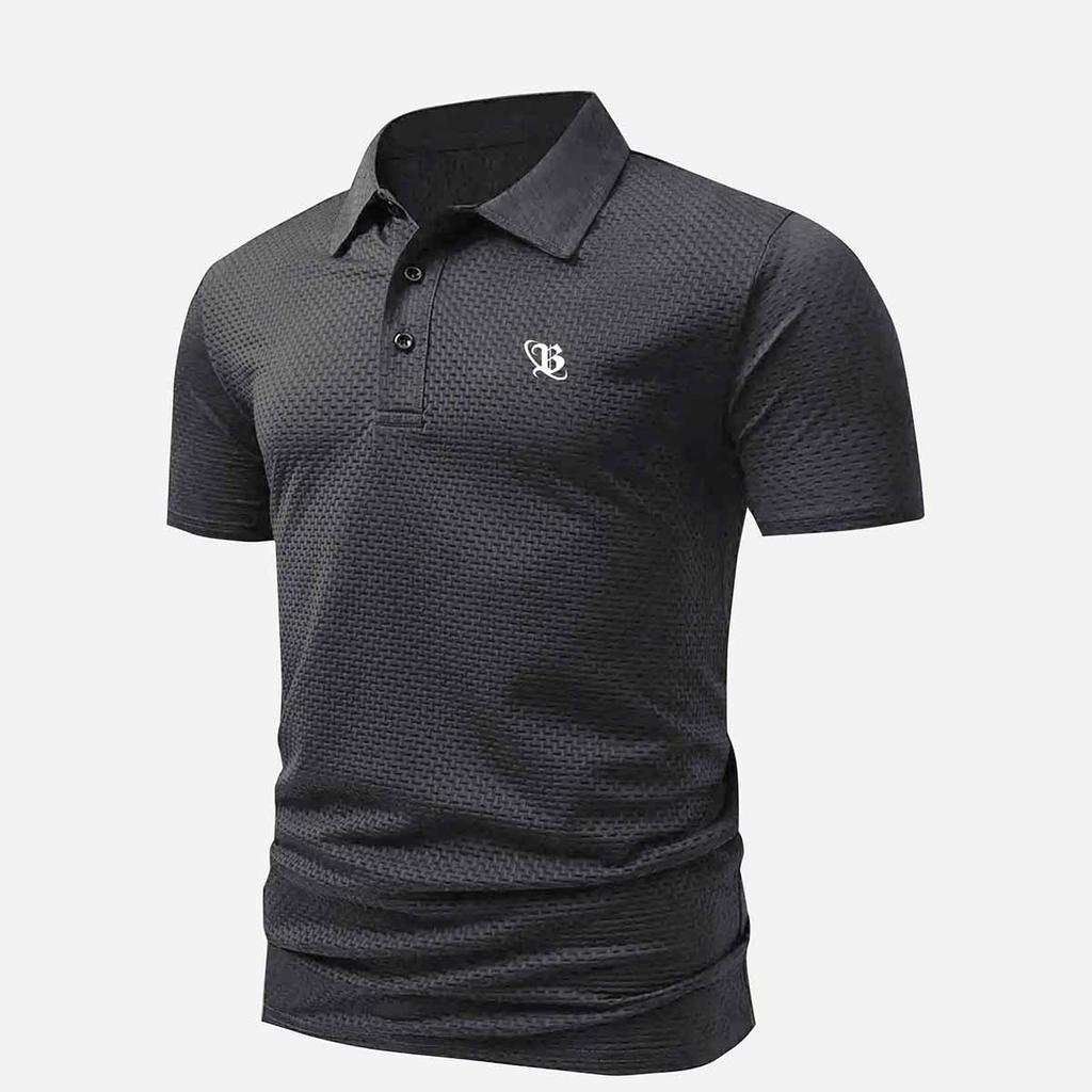 Men's Business Casual Letter B Print Waffle Short Sleeve Polo Shirt
