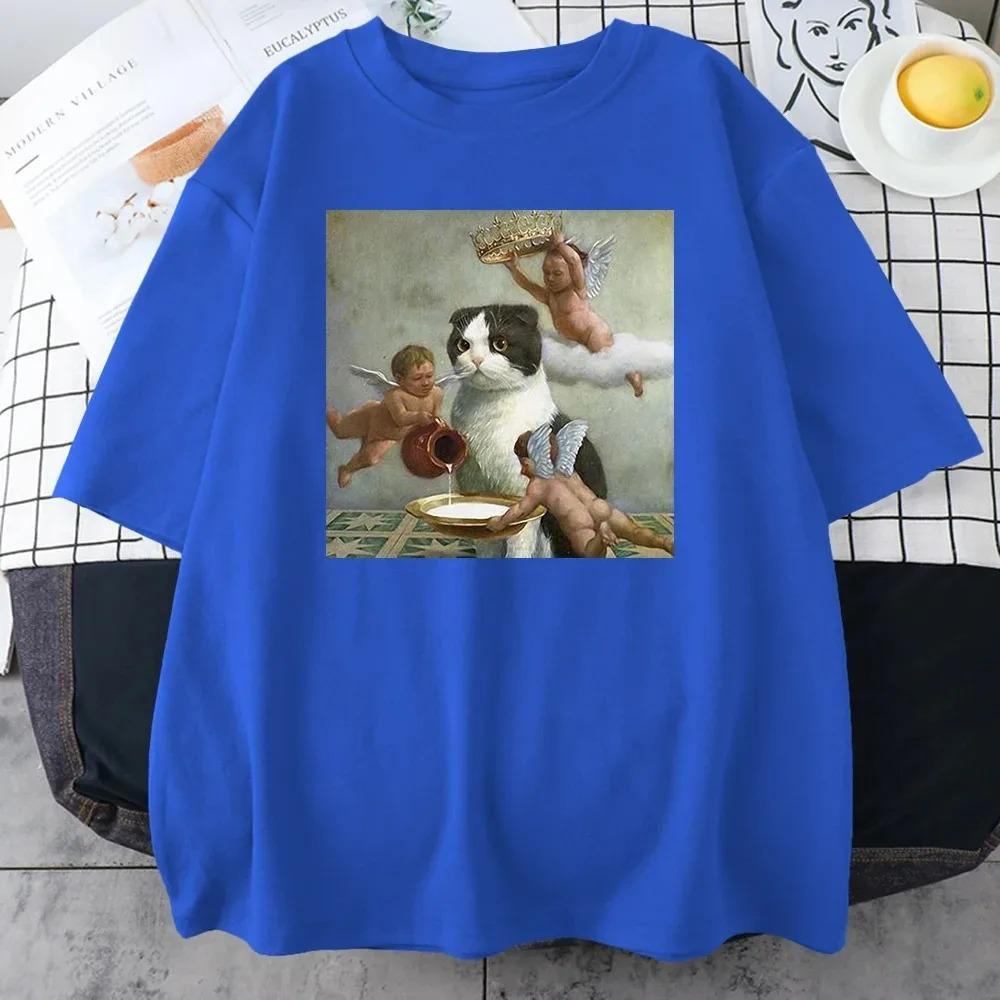 Scottish Fold Angel Crown Print Cotton Men Clothing Personality Casual Crewneck T-Shirts All-math Loose Mans Cotton Short Sleeve