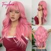 Light Pink Long Wavy Cosplay Synthetic Hair Wigs with Bangs for White Women Afro Lolita Water Wave Halloween Heat Reisitant Wig
