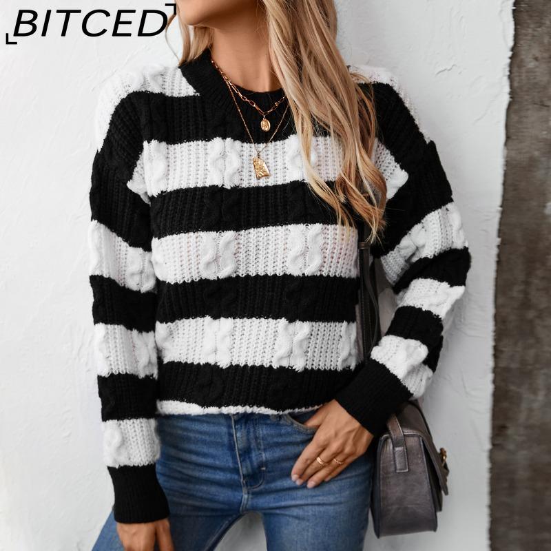 BITCED Striped Sweater for Women - Autumn/Winter Vintage Oversized O-Neck Cable-Knit Top