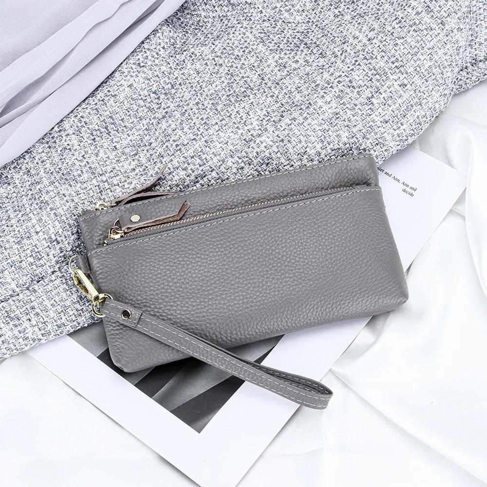 Womens Leather Clutch Bag Portable Storage Bag Casual Purse with Zipper Wristlet Wallets for Women Large Capacity Cell Phone Bag серый