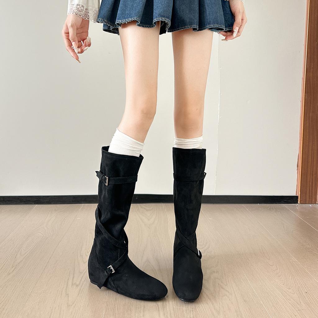 Inner height increase, soft fold and thin medium boots, children's autumn new round head buckle belt, western cowboy boots