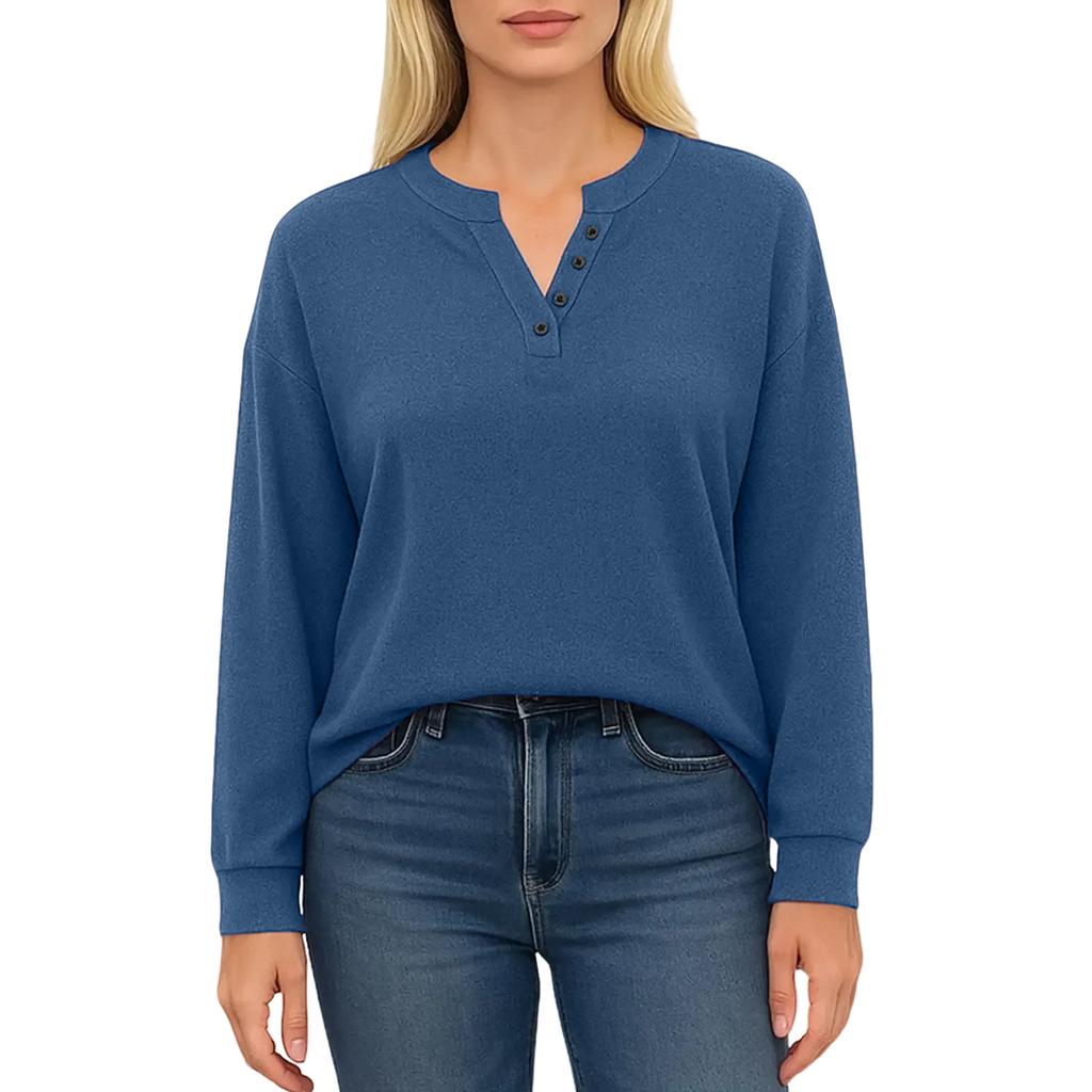 Women's Fashionable Solid Color Long Sleeved V-neck Button Casual Loose Pullover Top