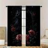 2Pcs Gothic Black Cat & Rose Curta With Rod Pocket, Red Blooms On Black Sheer, Mysterious Elegance For Living Room