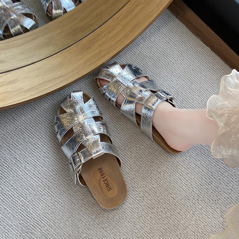 Large size women's shoes 41-43 silver hollow bag head half slippers female summer wear fashion fairy cool slippers Birkentow