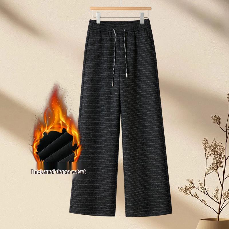 

Women s Autumn/Winter 2025 Striped Wool Wide-Leg Pants - Plus Velvet, Thickened, Elastic Waist, Slimming Long Casual Style 26/S (85-95 lbs)