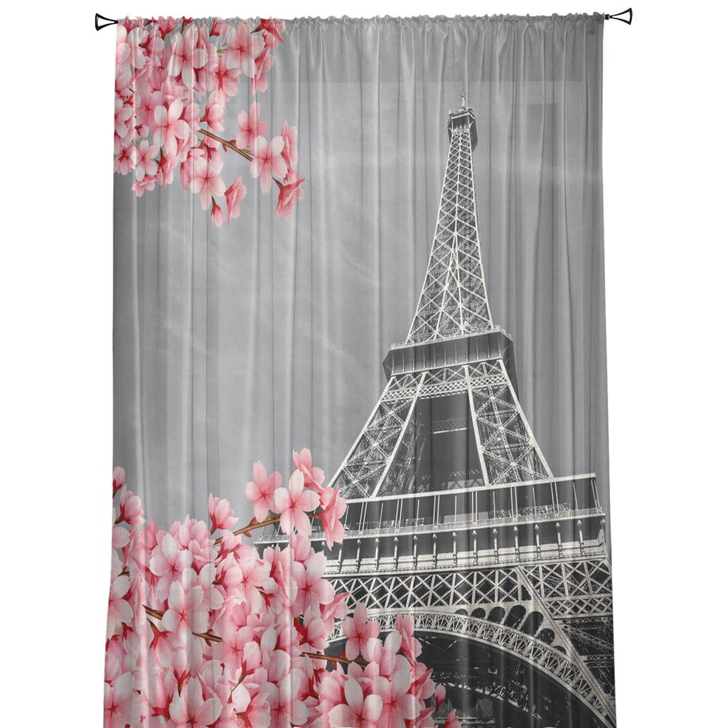 Cherry Blossom Paris Tower Curtain For Living Room Transparent Tulle Curtains Window Sheer For The Bedroom Accessories Decor
