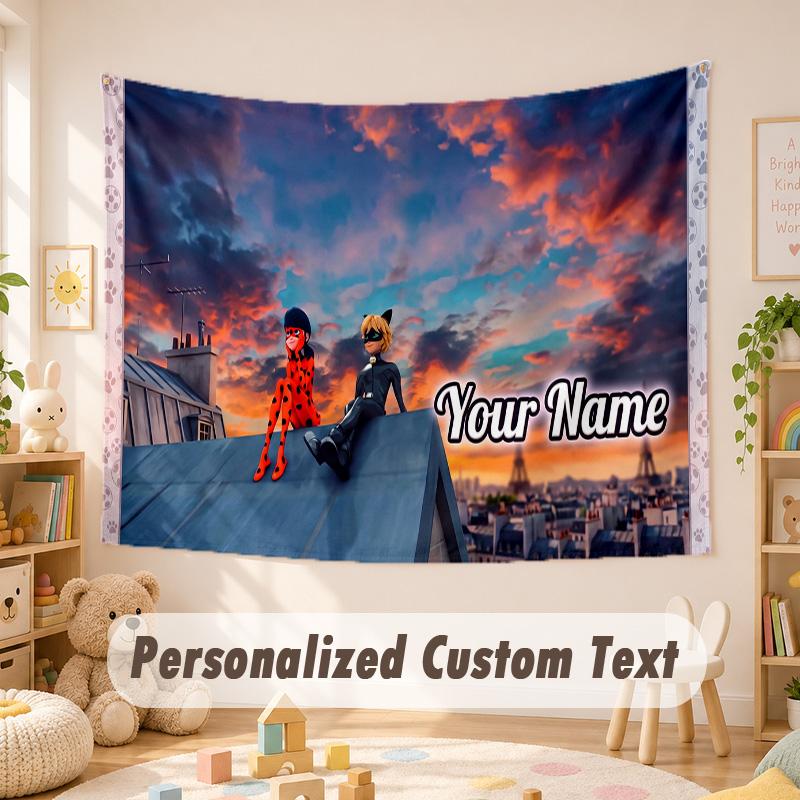 Custom Name Text Tapestry,Miraculous Ladybug Boho Wall Hanging, Decorative Backdrop Tapestry For Room