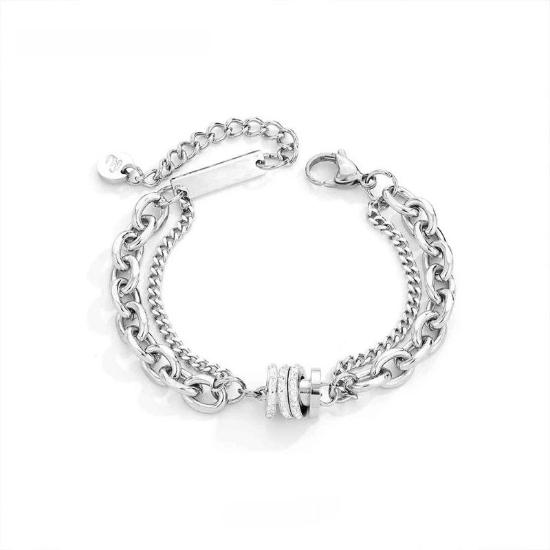 Trendy Zircon Double-Layer Bracelet For Men And Women Non Fading Titanium Steel Rotating Pendant Couple Jewelry Luxury Gift