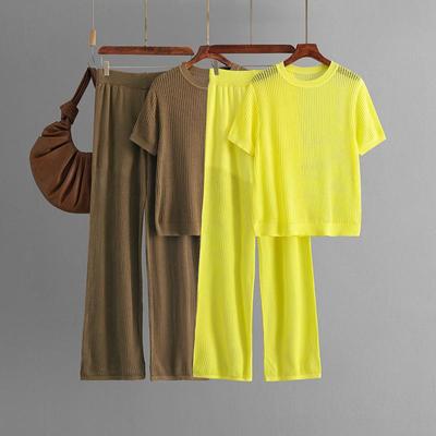 Fall Winter Lazy Wind Loose O-Neck Pulllover Sweater Suit Women's Solid Color Short Sleeve Knit Wide Leg Pants Two Piece Set