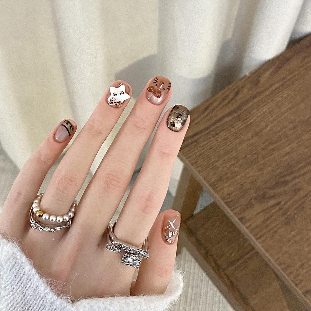 Meilade Cat Eye Leopard Print Amber Nails - Hand-Painted Cute & Cool Autumn/Winter Wearable