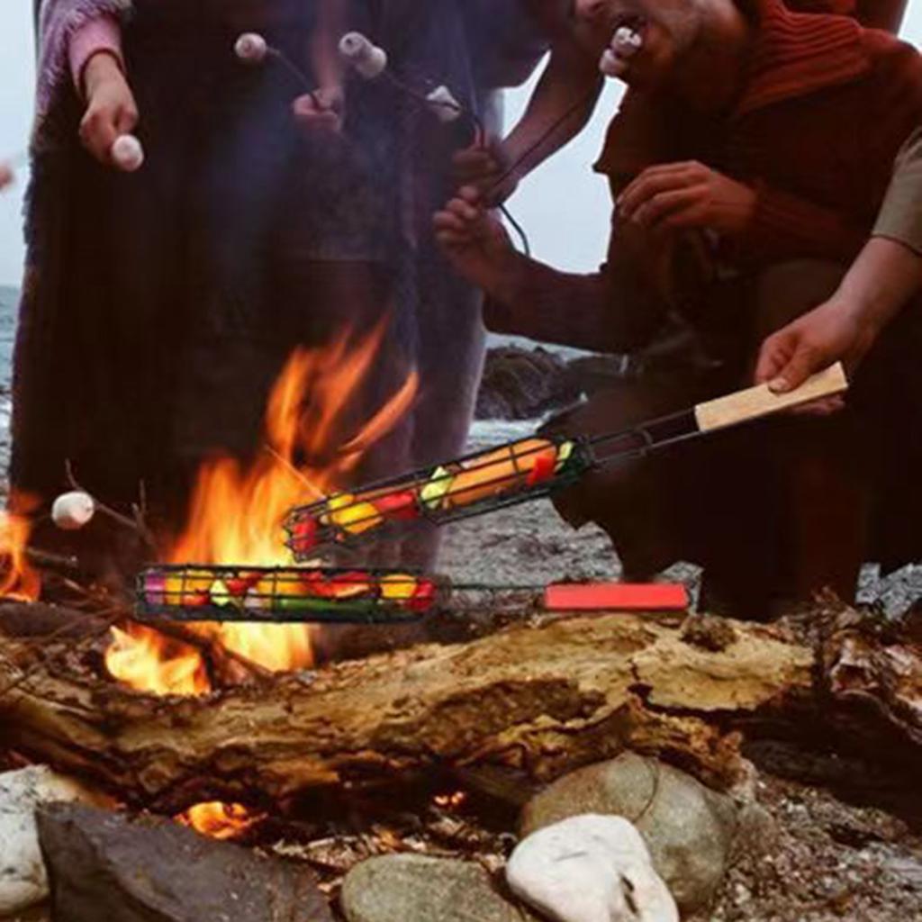 Edelstahl Grillkäfig mit Holzgriff Picknick Küchenwerkzeuge BBQ Korb für Fisch Garnelen Gemüse Hot Dog